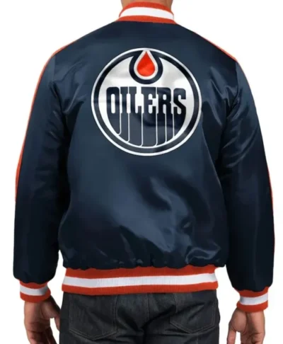 Edmonton Oilers Varsity Satin Blue Jacket Back