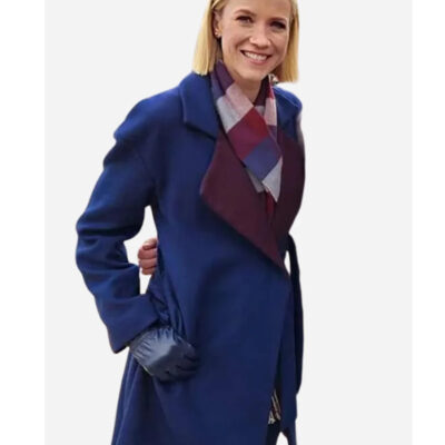 Jessy Schram Mystic Christmas Blue Trench Coat side