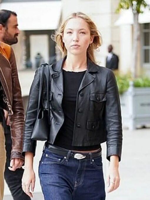 Lila Moss Paris Fashion Week Leather Jacket front