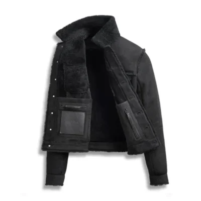 Mens Shearling Suede Leather Black Trucker Jacket