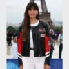 Nina Dobrev Olympics 2024 Black Leather Jacket front