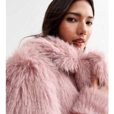 Pale Pink Shaggy Faux Fur Coat side