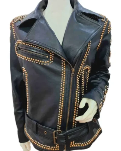 Selena Quintanilla Biker Vegan Studded Leather Black Jacket For Sale